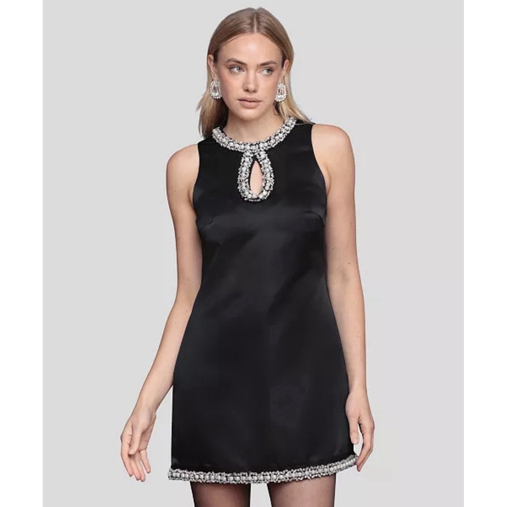Avec Les Filles Dress 6 Black Pearl Rhinestone Embellished Mini Shift NWT $168